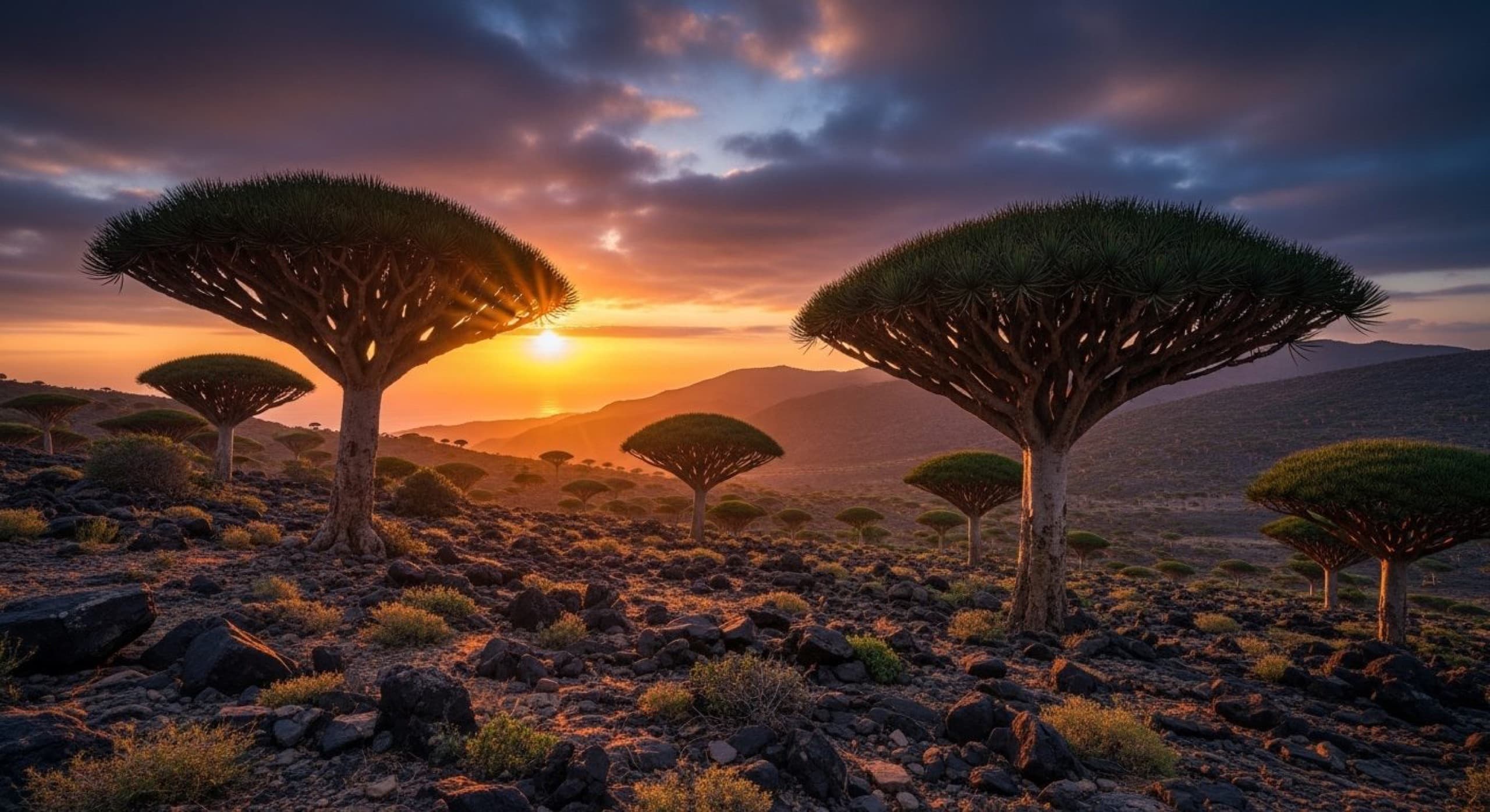 Dragon's blood trees with umbrella canopies silhouetted against a sunset