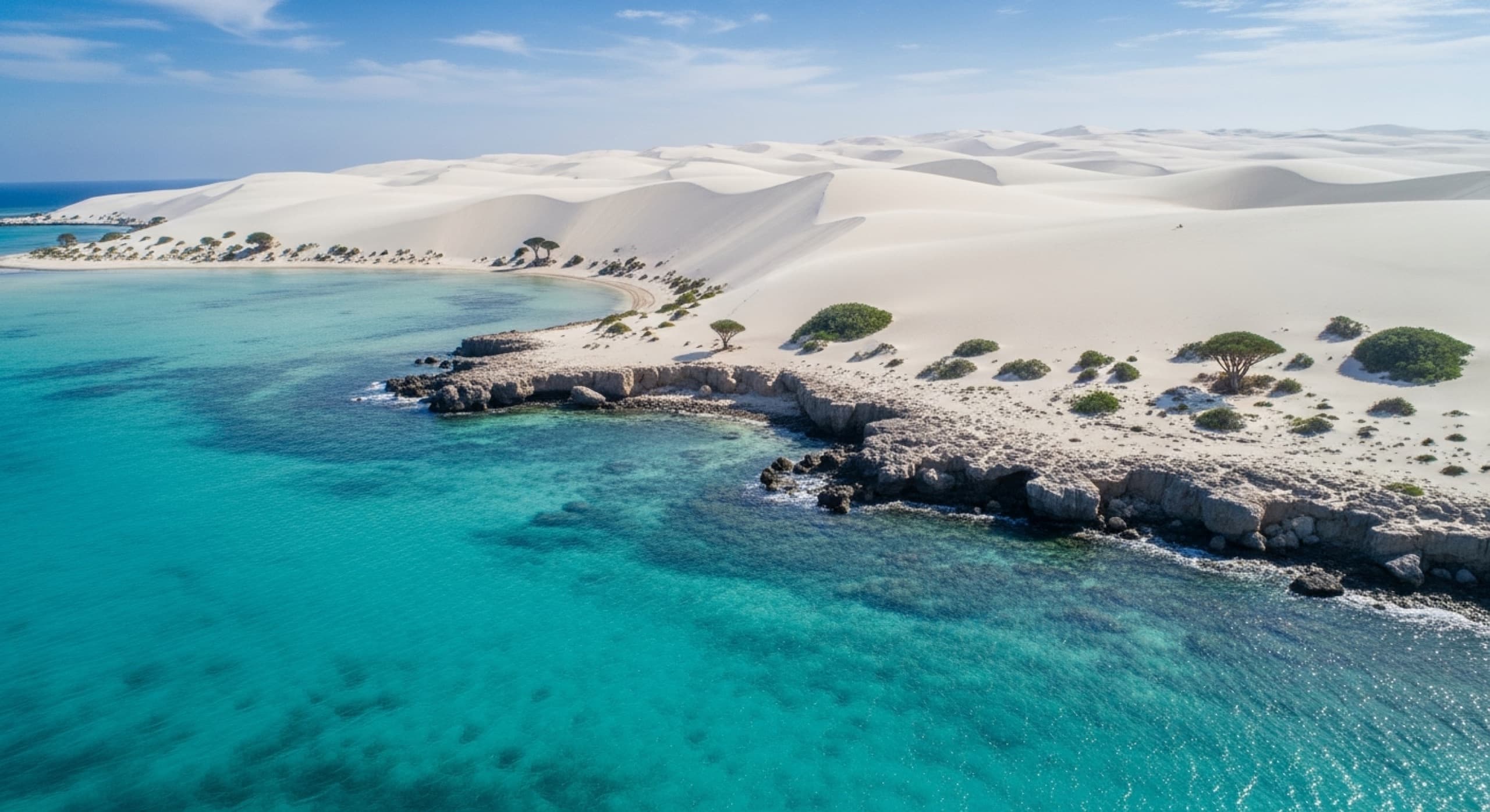 Aerial of white dunes meeting a brilliant turquoise lagoon